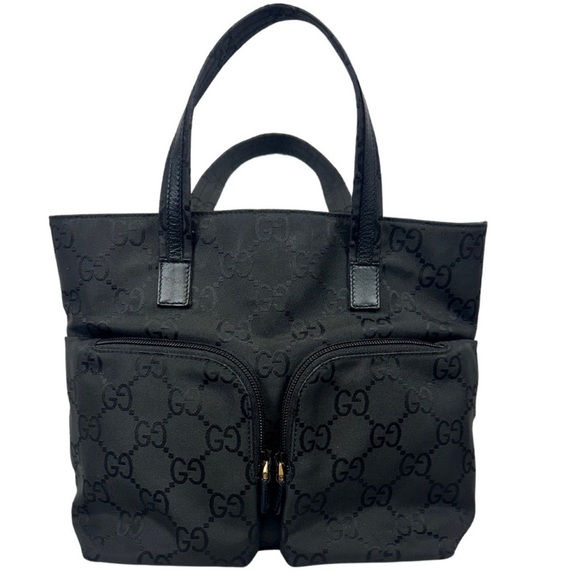 Gucci Monogram GG Small Black Nylon Tote Bag Zip Front Pockets Metallic Luxury - Picture 1 of 17